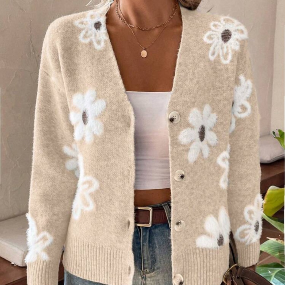 New v neck floral print long sleeve button down cardigan sweater